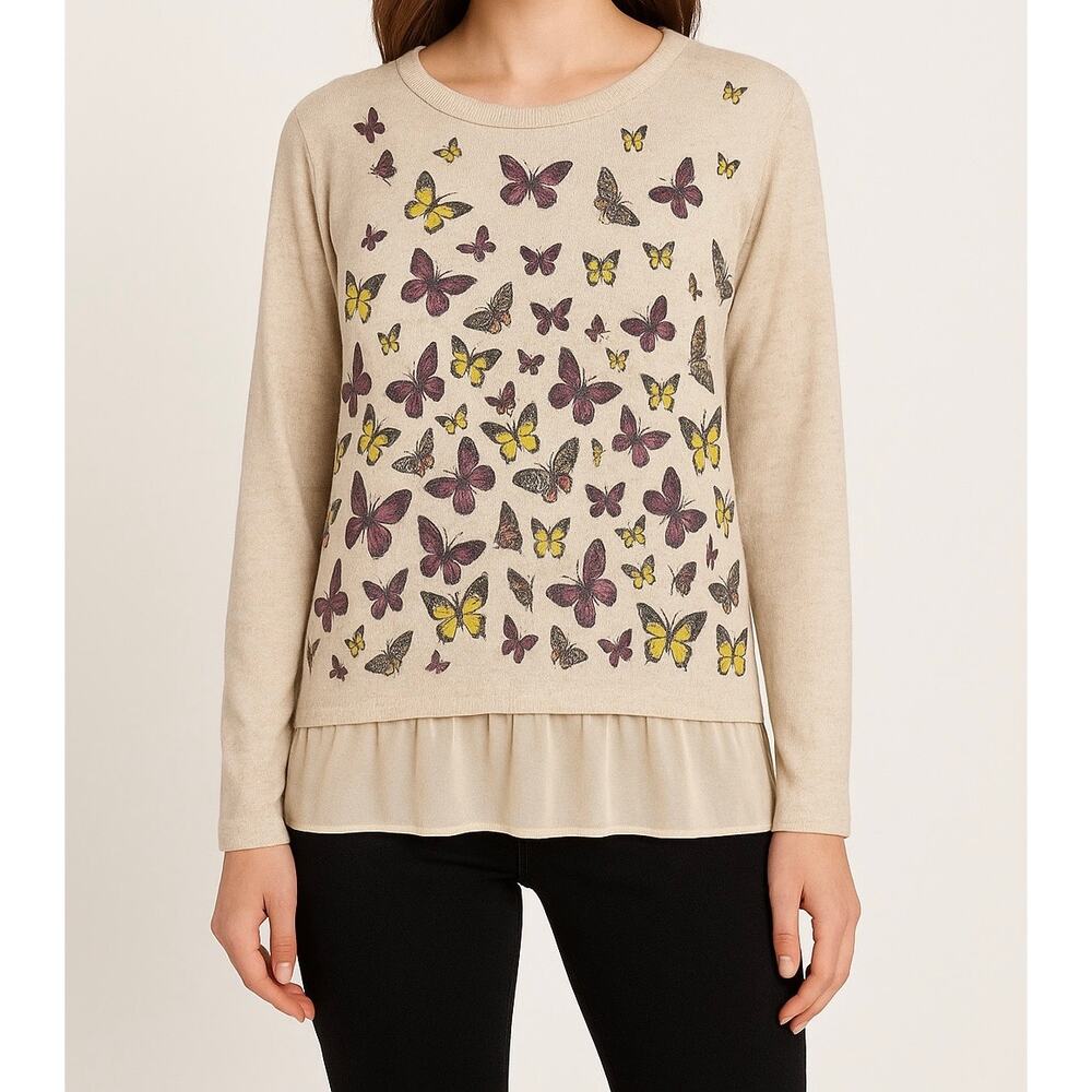 Qed London Beige Butterfly Ruffle Hem Y2K‎ Cottage Long Sleeve Top Size Medium